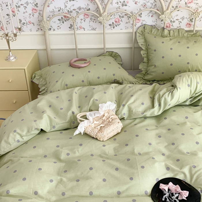 91家纺网 家纺一手货源 找家纺 昔可 2023新款复古波点花边系列四件套 绿底波点