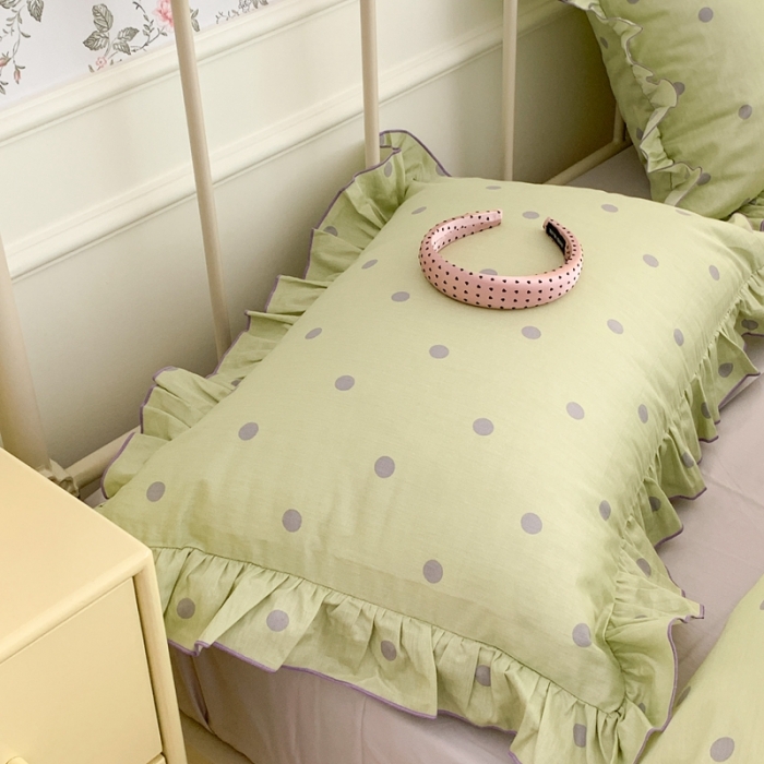 91家纺网 家纺一手货源 找家纺 昔可 2023新款复古波点花边系列四件套 绿底波点