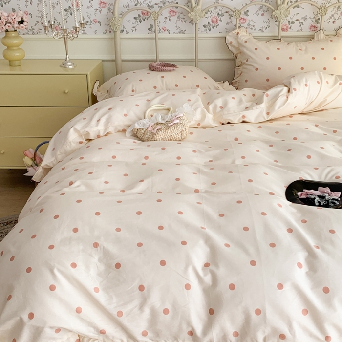 91家纺网 家纺一手货源 找家纺 昔可 2023新款复古波点花边系列四件套 米粉波点