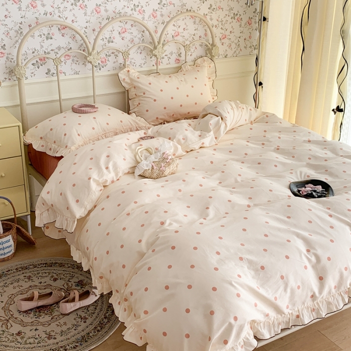 91家纺网 家纺一手货源 找家纺 昔可 2023新款复古波点花边系列四件套 米粉波点