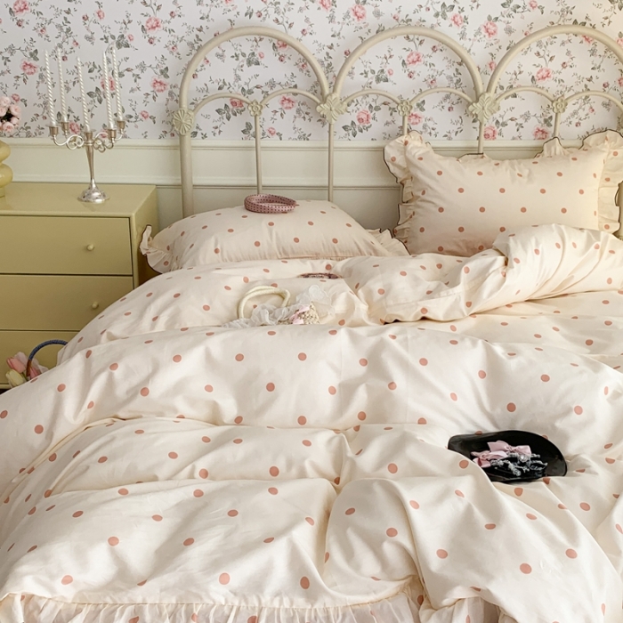 91家纺网 家纺一手货源 找家纺 昔可 2023新款复古波点花边系列四件套 米粉波点