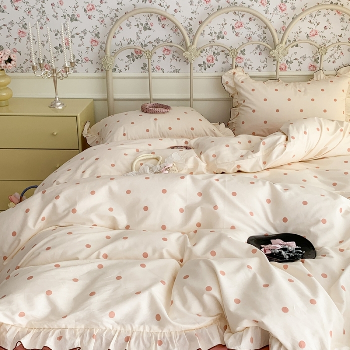 91家纺网 家纺一手货源 找家纺 昔可 2023新款复古波点花边系列四件套 米粉波点