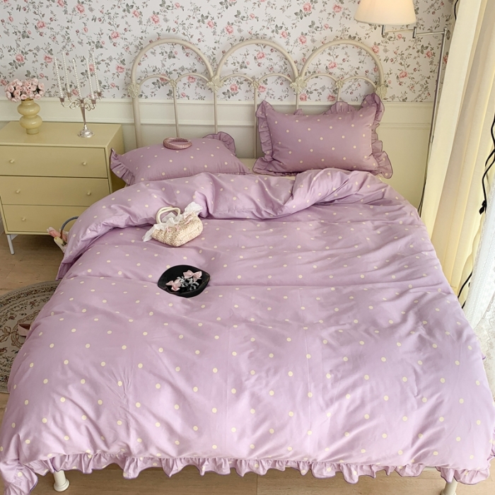 91家纺网 家纺一手货源 找家纺 昔可 2023新款复古波点花边系列四件套 紫底波点