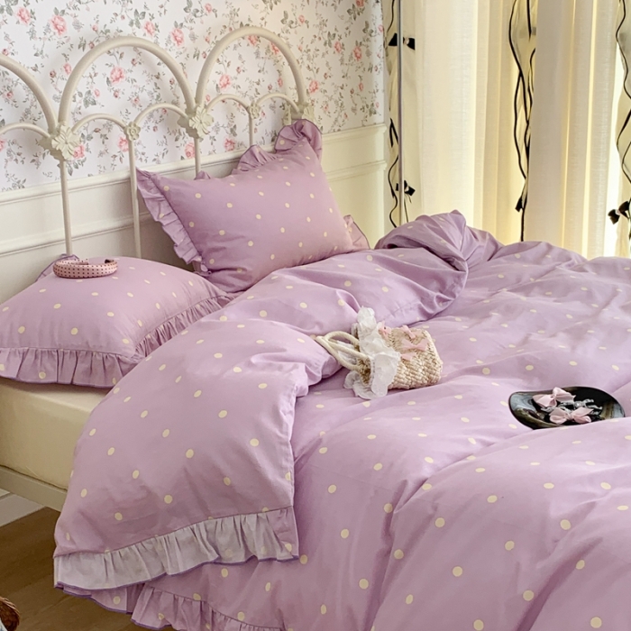 91家纺网 家纺一手货源 找家纺 昔可 2023新款复古波点花边系列四件套 紫底波点