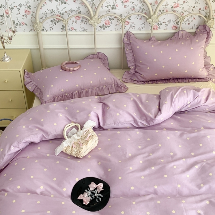 91家纺网 家纺一手货源 找家纺 昔可 2023新款复古波点花边系列四件套 紫底波点