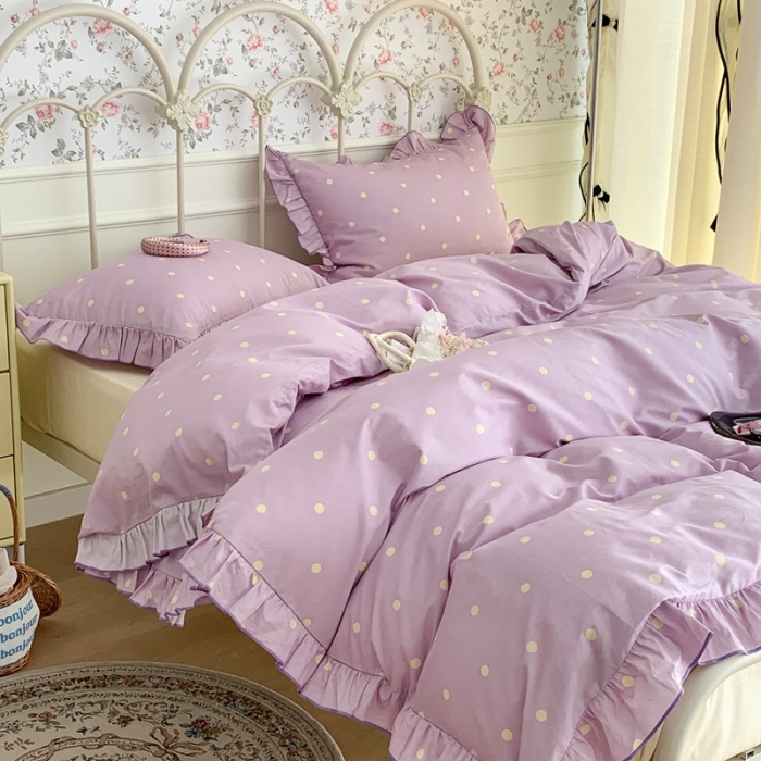 91家纺网 家纺一手货源 找家纺 昔可 2023新款复古波点花边系列四件套 紫底波点