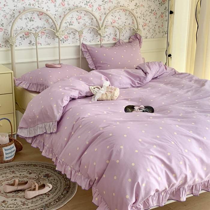 91家纺网 家纺一手货源 找家纺 昔可 2023新款复古波点花边系列四件套 紫底波点