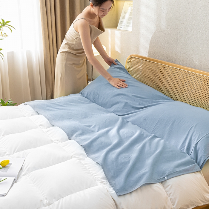 91家纺网 家纺一手货源 找家纺 眠帛家居 2023新款A类亲肤水洗棉隔脏睡袋 蓝灰