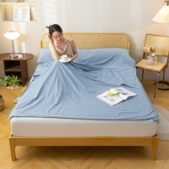 91家纺网 家纺一手货源 找家纺 眠帛家居 2023新款A类亲肤水洗棉隔脏睡袋 蓝灰