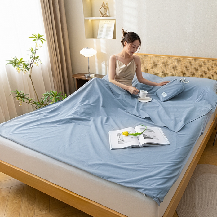 91家纺网 家纺一手货源 找家纺 眠帛家居 2023新款A类亲肤水洗棉隔脏睡袋 蓝灰