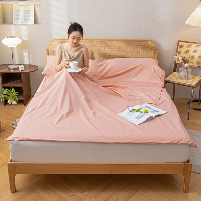 91家纺网 家纺一手货源 找家纺 眠帛家居 2023新款A类亲肤水洗棉隔脏睡袋 奶油粉