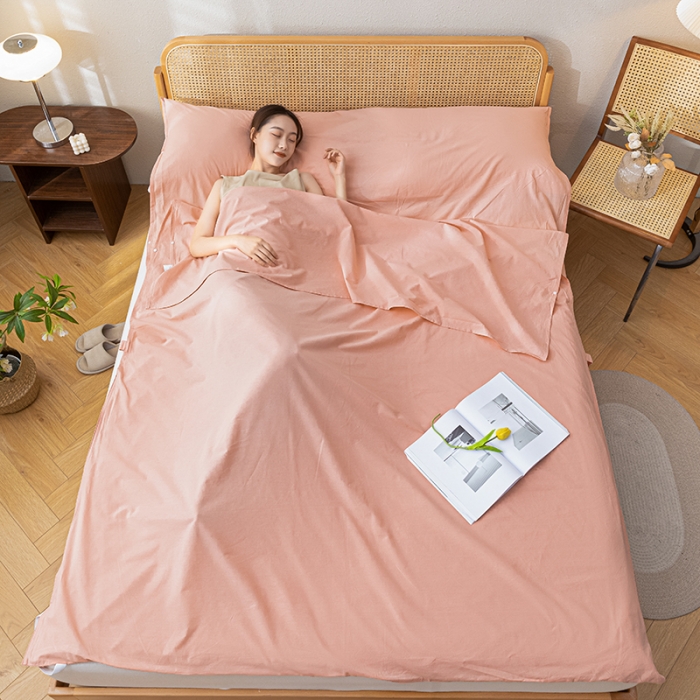 91家纺网 家纺一手货源 找家纺 眠帛家居 2023新款A类亲肤水洗棉隔脏睡袋 奶油粉