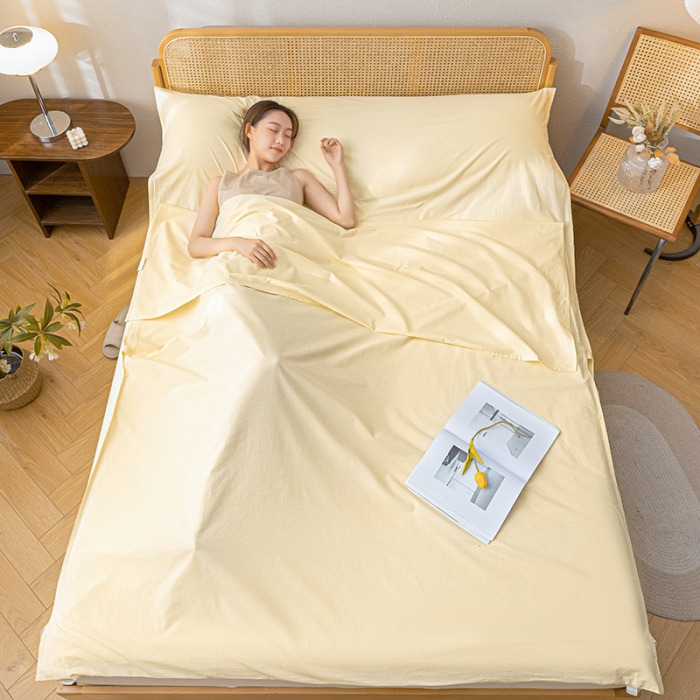 91家纺网 家纺一手货源 找家纺 眠帛家居 2023新款A类亲肤水洗棉隔脏睡袋 奶油黄