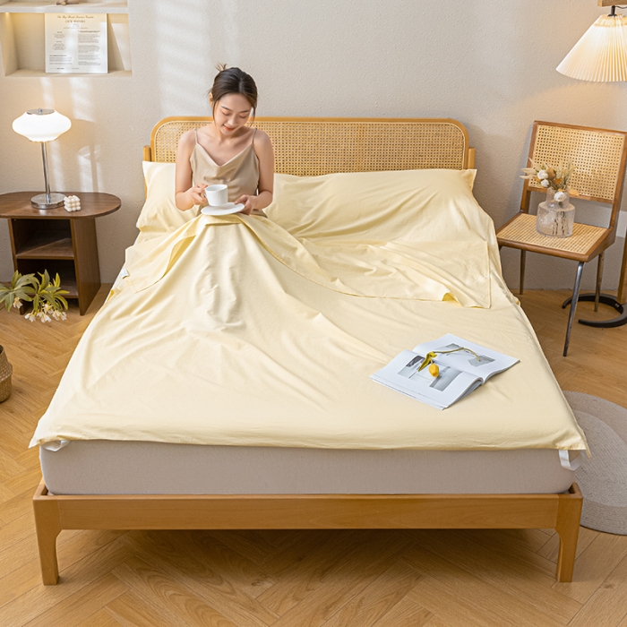 91家纺网 家纺一手货源 找家纺 眠帛家居 2023新款A类亲肤水洗棉隔脏睡袋 奶油黄