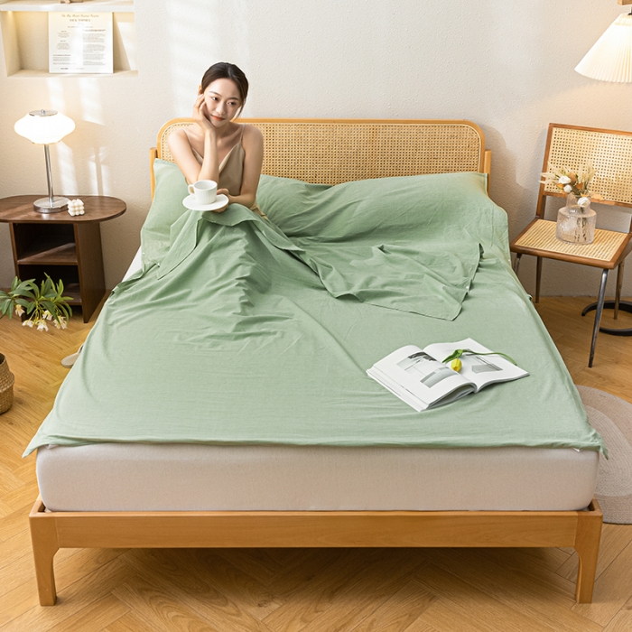 91家纺网 家纺一手货源 找家纺 眠帛家居 2023新款A类亲肤水洗棉隔脏睡袋 奶油绿