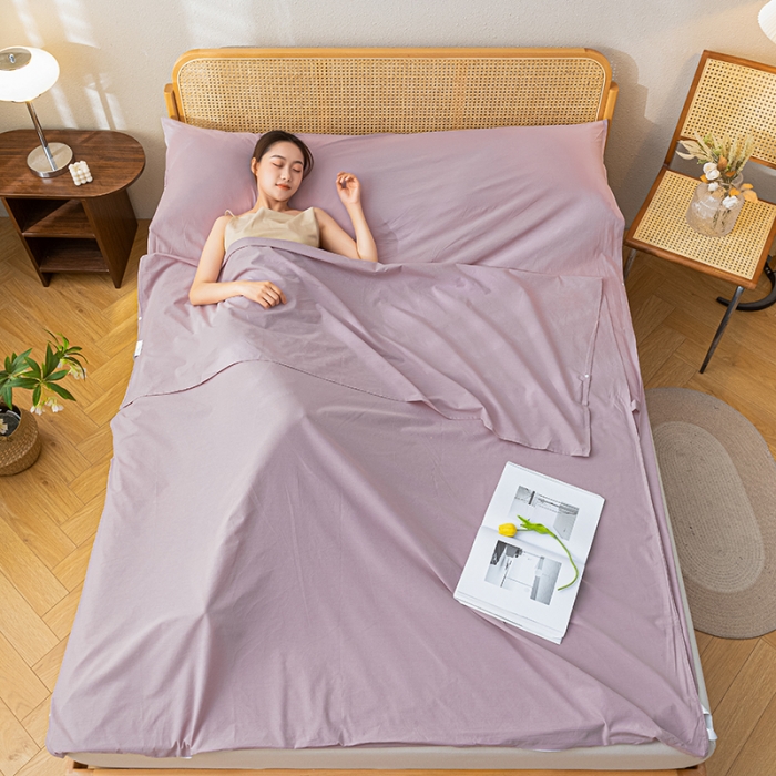 91家纺网 家纺一手货源 找家纺 眠帛家居 2023新款A类亲肤水洗棉隔脏睡袋 浅紫