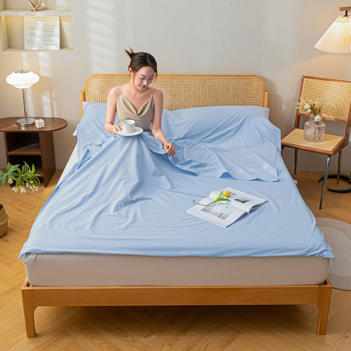 91家纺网 家纺一手货源 找家纺 眠帛家居 2023新款A类亲肤水洗棉隔脏睡袋 天空蓝