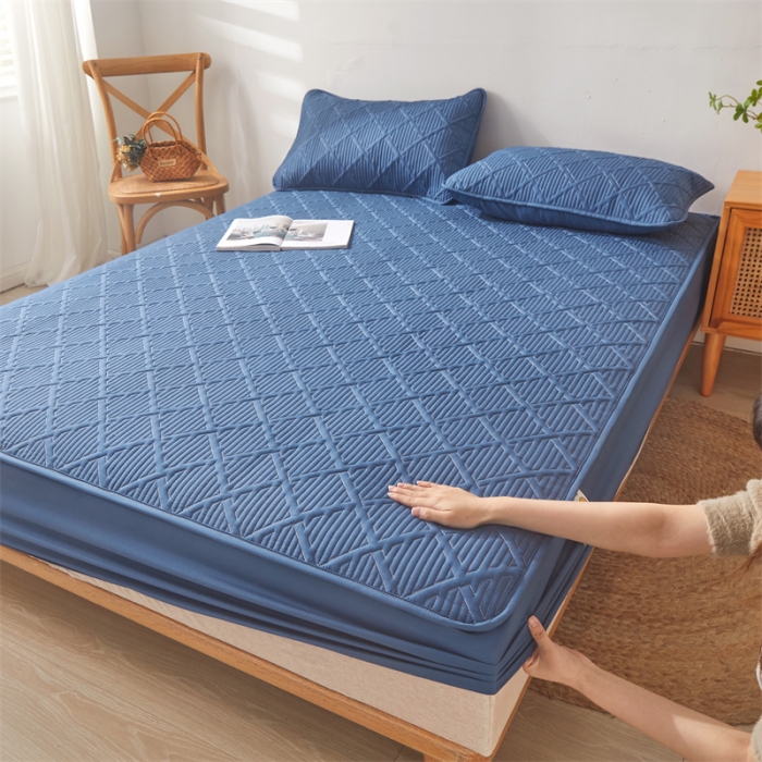 91家纺网 家纺一手货源 找家纺 雯豆家纺 2025春秋冬季新品加厚款A类夹棉床笠纯色床垫保护罩 方格款床笠-黛蓝