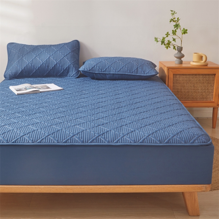91家纺网 家纺一手货源 找家纺 雯豆家纺 2025春秋冬季新品加厚款A类夹棉床笠纯色床垫保护罩 方格款床笠-黛蓝