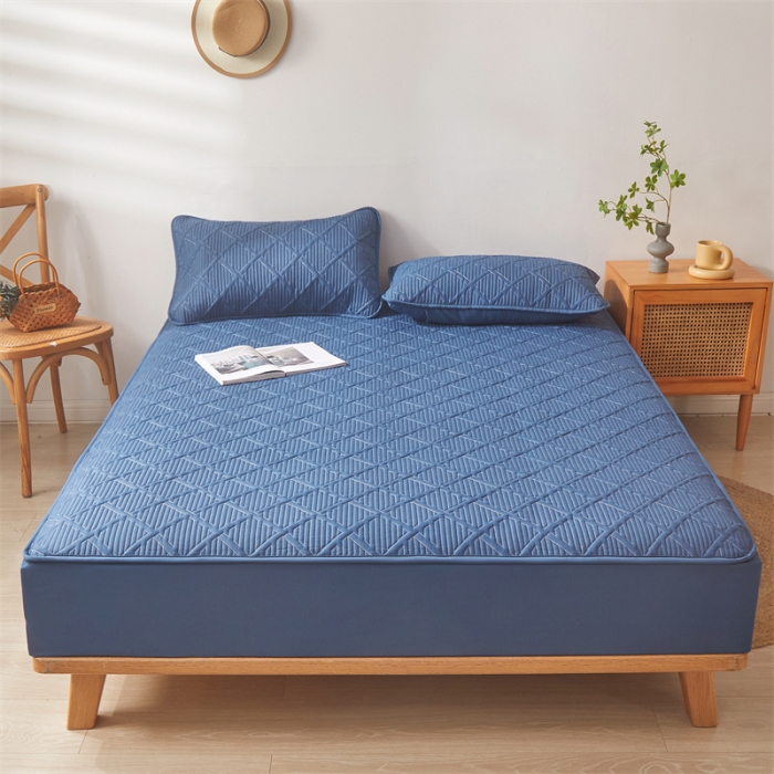 91家纺网 家纺一手货源 找家纺 雯豆家纺 2025春秋冬季新品加厚款A类夹棉床笠纯色床垫保护罩 方格款床笠-黛蓝