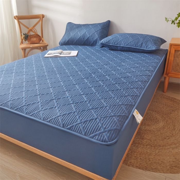 91家纺网 家纺一手货源 找家纺 雯豆家纺 2025春秋冬季新品加厚款A类夹棉床笠纯色床垫保护罩 方格款床笠-黛蓝