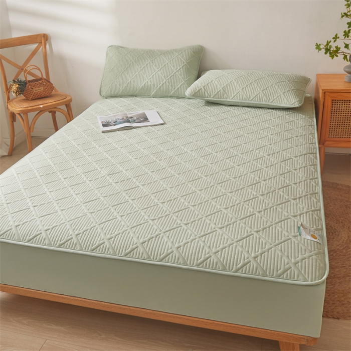91家纺网 家纺一手货源 找家纺 雯豆家纺 2025春秋冬季新品加厚款A类夹棉床笠纯色床垫保护罩 方格款床笠-嫩绿