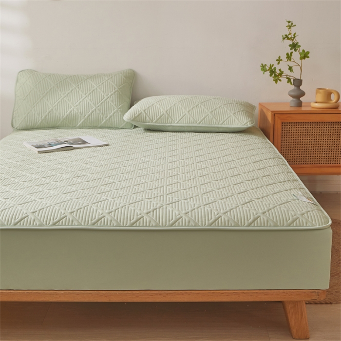 91家纺网 家纺一手货源 找家纺 雯豆家纺 2025春秋冬季新品加厚款A类夹棉床笠纯色床垫保护罩 方格款床笠-嫩绿