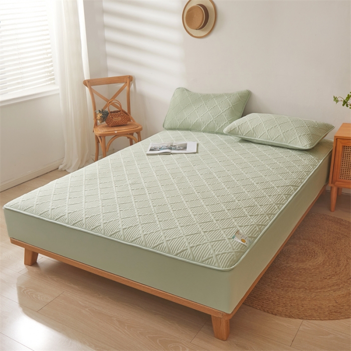 91家纺网 家纺一手货源 找家纺 雯豆家纺 2025春秋冬季新品加厚款A类夹棉床笠纯色床垫保护罩 方格款床笠-嫩绿
