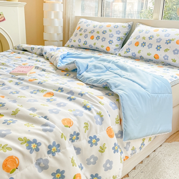 91家纺网 家纺一手货源 找家纺 慕尚  2025新款满天星凉席夏被组合四件套 橘子小花