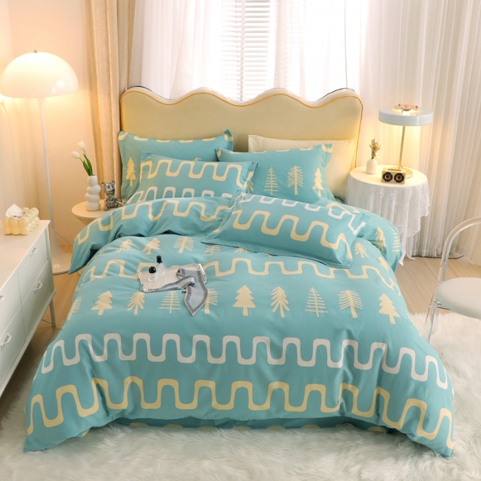 91家纺网 家纺一手货源 找家纺 金纱玉纺家纺 2023新款纯棉加厚AB版四件套 格浴森-绿