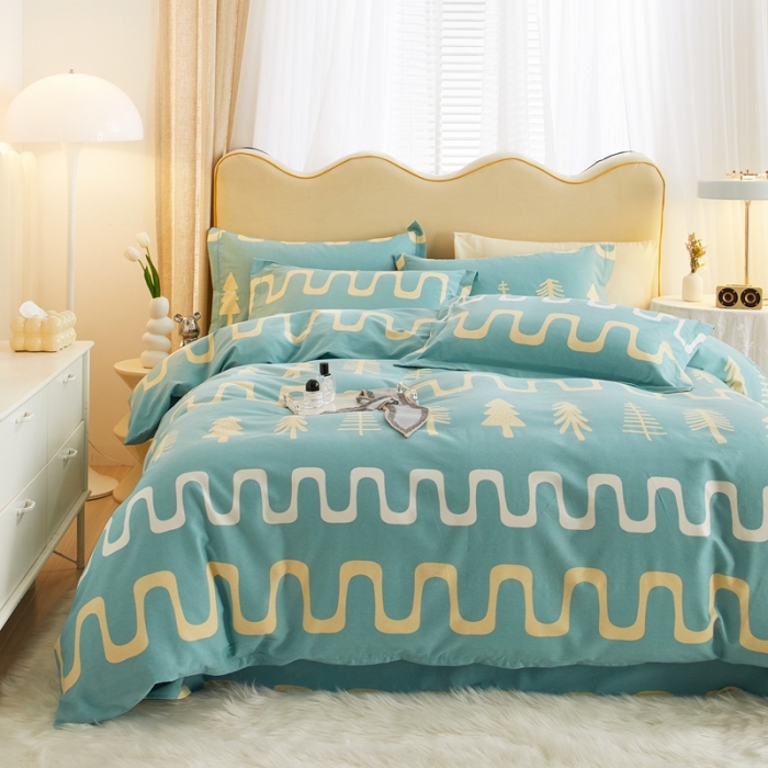 91家纺网 家纺一手货源 找家纺 金纱玉纺家纺 2023新款纯棉加厚AB版四件套 格浴森-绿