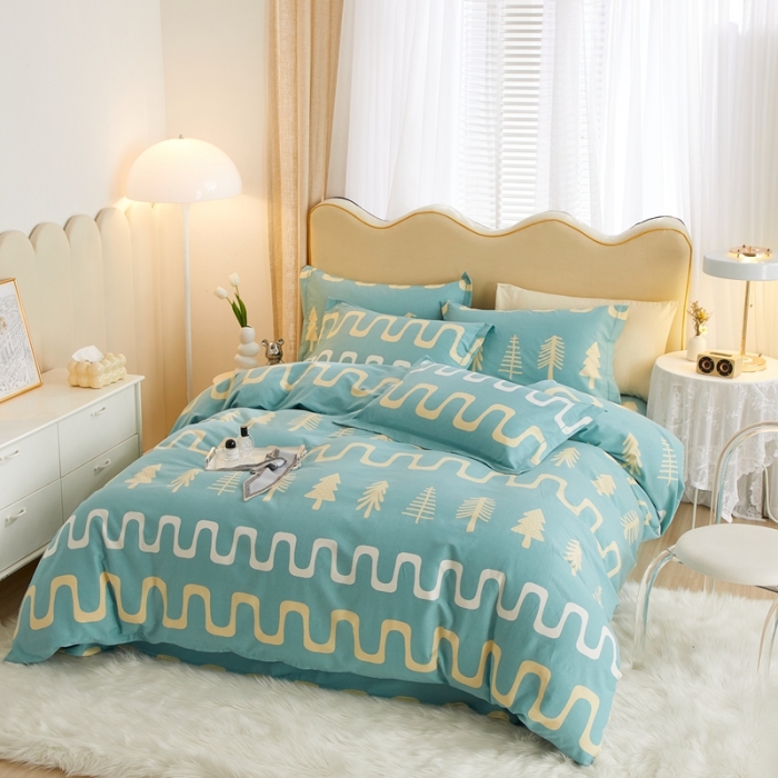 91家纺网 家纺一手货源 找家纺 金纱玉纺家纺 2023新款纯棉加厚AB版四件套 格浴森-绿