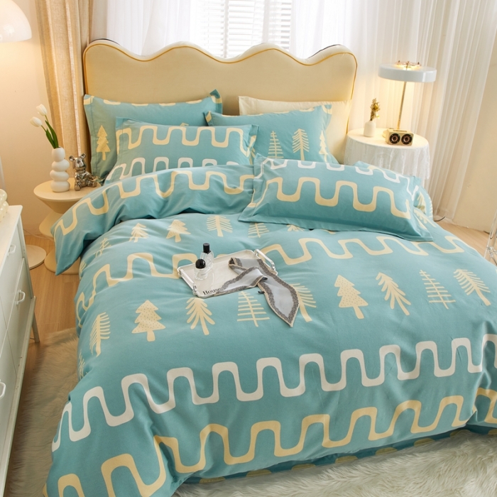 91家纺网 家纺一手货源 找家纺 金纱玉纺家纺 2023新款纯棉加厚AB版四件套 格浴森-绿