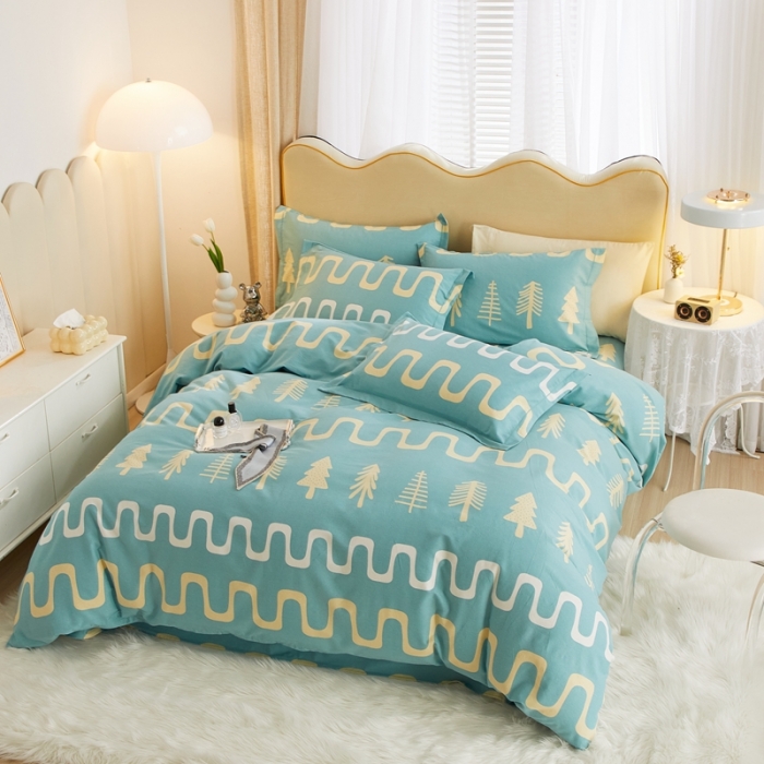 91家纺网 家纺一手货源 找家纺 金纱玉纺家纺 2023新款纯棉加厚AB版四件套 格浴森-绿