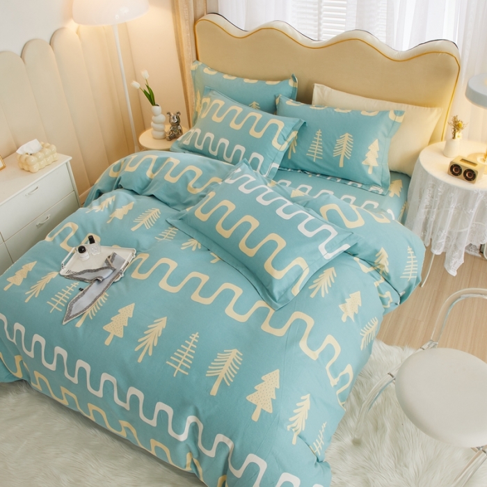 91家纺网 家纺一手货源 找家纺 金纱玉纺家纺 2023新款纯棉加厚AB版四件套 格浴森-绿