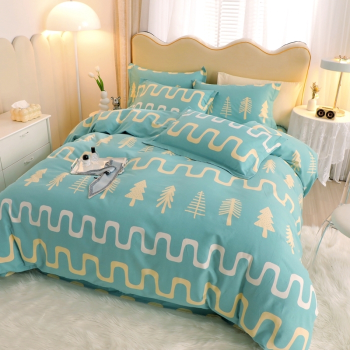 91家纺网 家纺一手货源 找家纺 金纱玉纺家纺 2023新款纯棉加厚AB版四件套 格浴森-绿