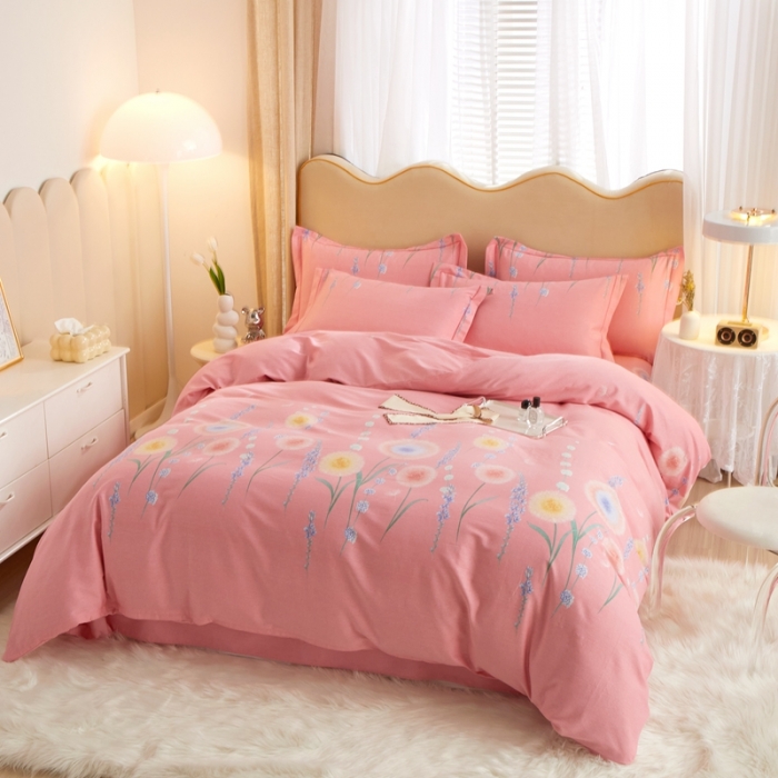 91家纺网 家纺一手货源 找家纺 金纱玉纺家纺 2024新款加厚AB版四件套 流彩-粉