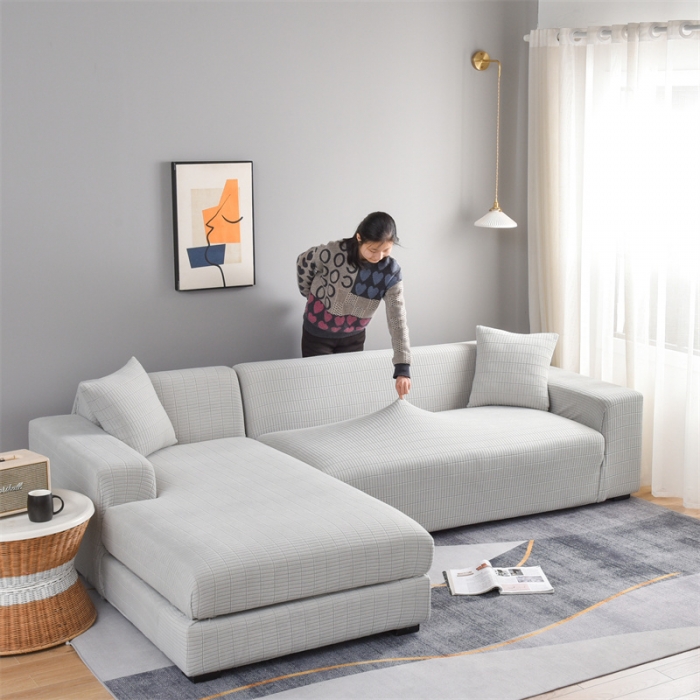 91家纺网 家纺一手货源 找家纺 四季鹿 2023新款格格绒沙发套贵妃组合 浅灰色