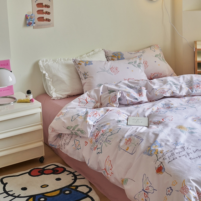 91家纺网 家纺一手货源 找家纺 窝米 2023新款13370全棉卡通风系列四件套 浮蝶儿粉