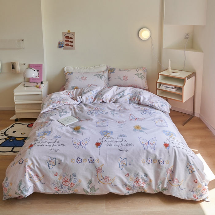91家纺网 家纺一手货源 找家纺 窝米 2023新款13370全棉卡通风系列四件套 浮蝶儿粉
