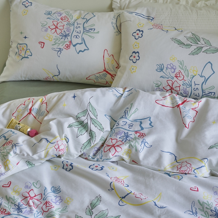 91家纺网 家纺一手货源 找家纺 窝米 2023新款13370全棉卡通风系列四件套 浮蝶儿绿