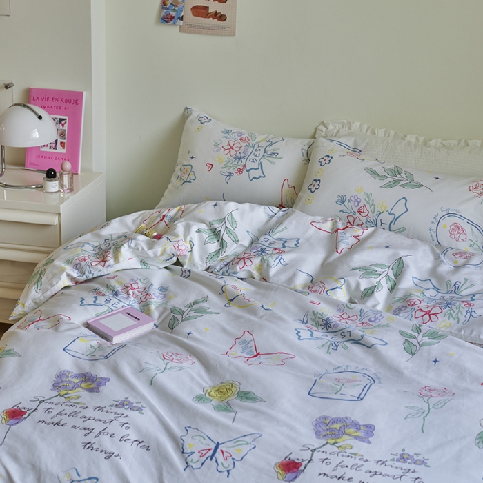 91家纺网 家纺一手货源 找家纺 窝米 2023新款13370全棉卡通风系列四件套 浮蝶儿绿