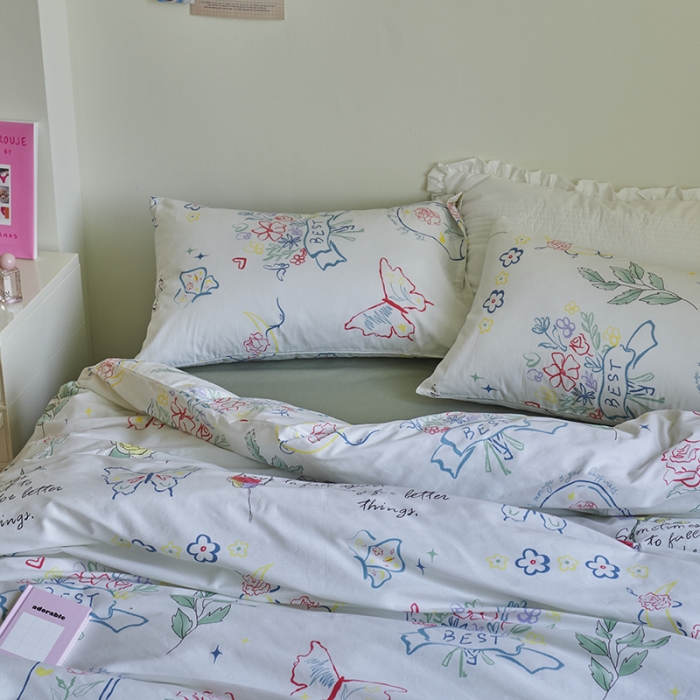 91家纺网 家纺一手货源 找家纺 窝米 2023新款13370全棉卡通风系列四件套 浮蝶儿绿