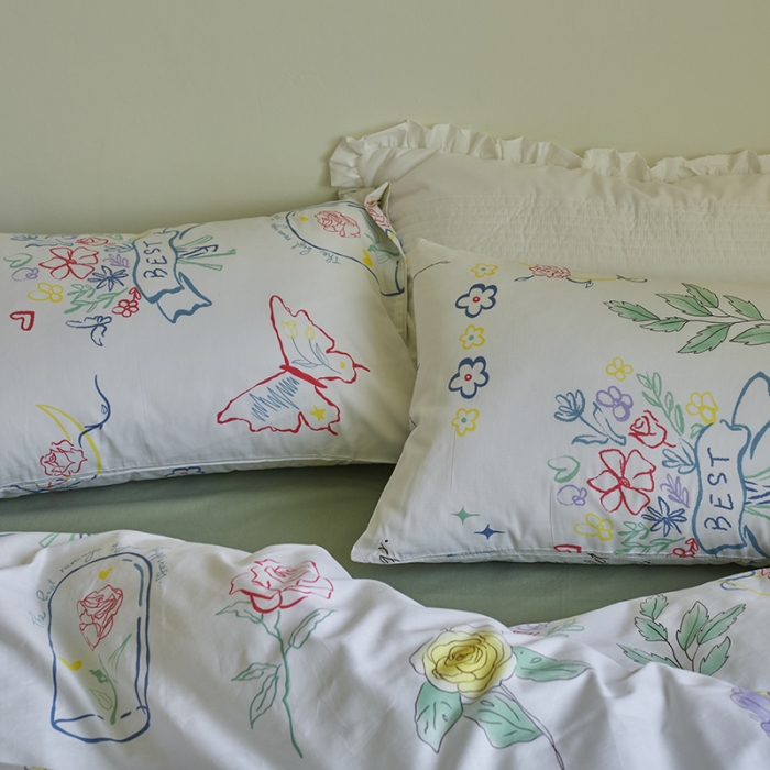 91家纺网 家纺一手货源 找家纺 窝米 2023新款13370全棉卡通风系列四件套 浮蝶儿绿
