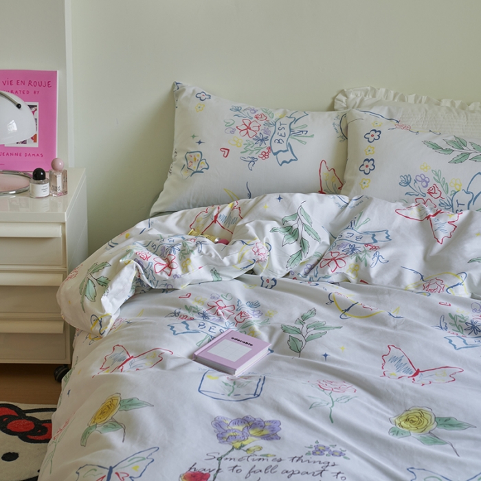 91家纺网 家纺一手货源 找家纺 窝米 2023新款13370全棉卡通风系列四件套 浮蝶儿绿