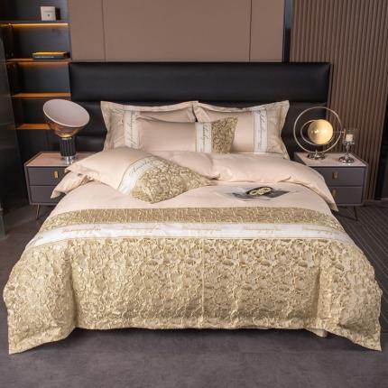 91家纺网 家纺一手货源 找家纺 栩裕 2025新款浮雕刺绣磨毛四件套锦上繁华系列 花间舞曲-香槟金