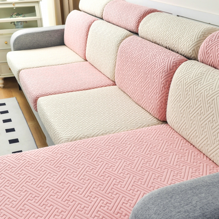 91家纺网 家纺一手货源 找家纺 千彤2023防滑防尘可拆卸水洗机洗全包款沙发套罩沙发笠韵律系列米白粉色