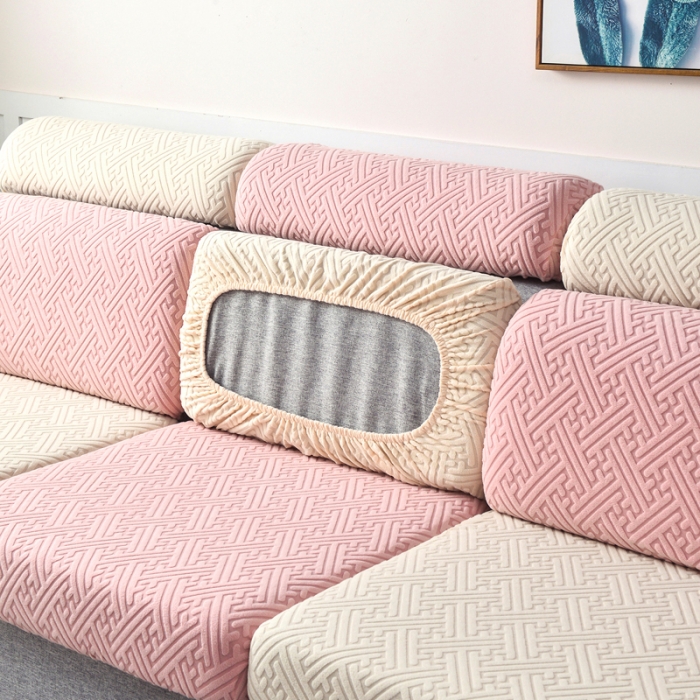 91家纺网 家纺一手货源 找家纺 千彤2023防滑防尘可拆卸水洗机洗全包款沙发套罩沙发笠韵律系列米白粉色