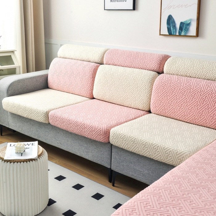 91家纺网 家纺一手货源 找家纺 千彤2023防滑防尘可拆卸水洗机洗全包款沙发套罩沙发笠韵律系列米白粉色