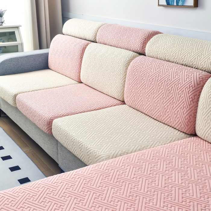 91家纺网 家纺一手货源 找家纺 千彤2023防滑防尘可拆卸水洗机洗全包款沙发套罩沙发笠韵律系列米白粉色